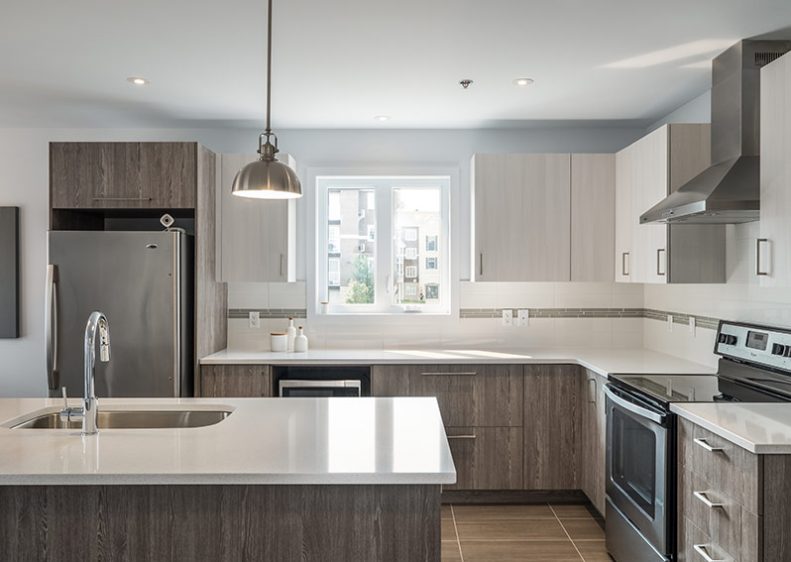 Condo kitchen at Le Haut Corbusier in Sainte-Rose